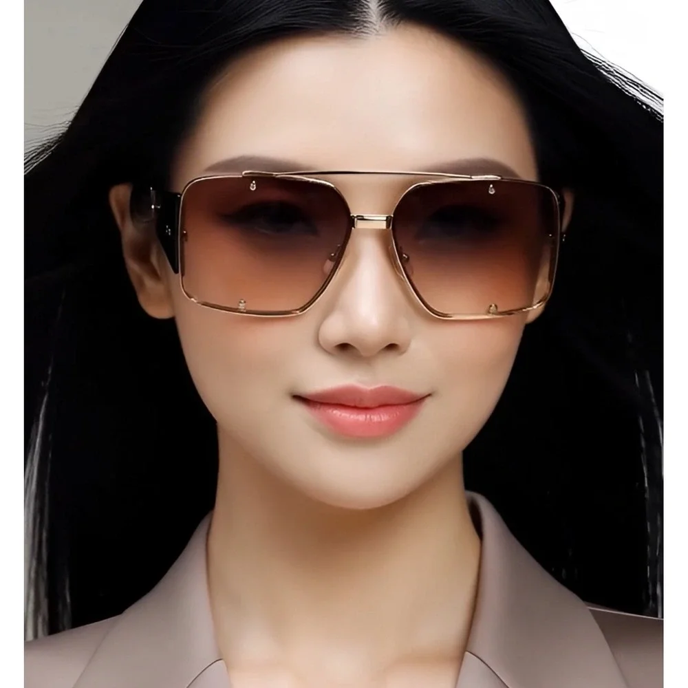 Oversized Square Sunglasses Women Gold Frame Gradient Brown‎ Lenses Fashion